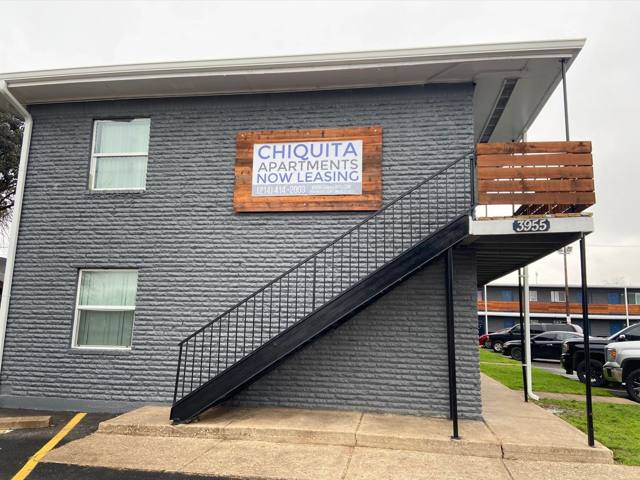 Chiquita Apartments building with Now Leasing sign